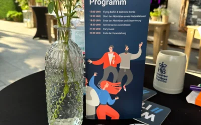 WK IT-Mitarbeiter beim Sommerfest 2024: Festlich gedeckter Tisch mit WK IT-Programm, Kerze und Blumenschmuck bei einem Mitarbeiterevent