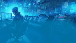 Das Bild zeigt einen Cyber-Angriff in grafisch stilisierter Form, auf dem Bild ist eine anonyme Person zu sehen. Das Bild ist in Blautönen gehalten und symbolisiert den Schutz vor Cyberangriffen.