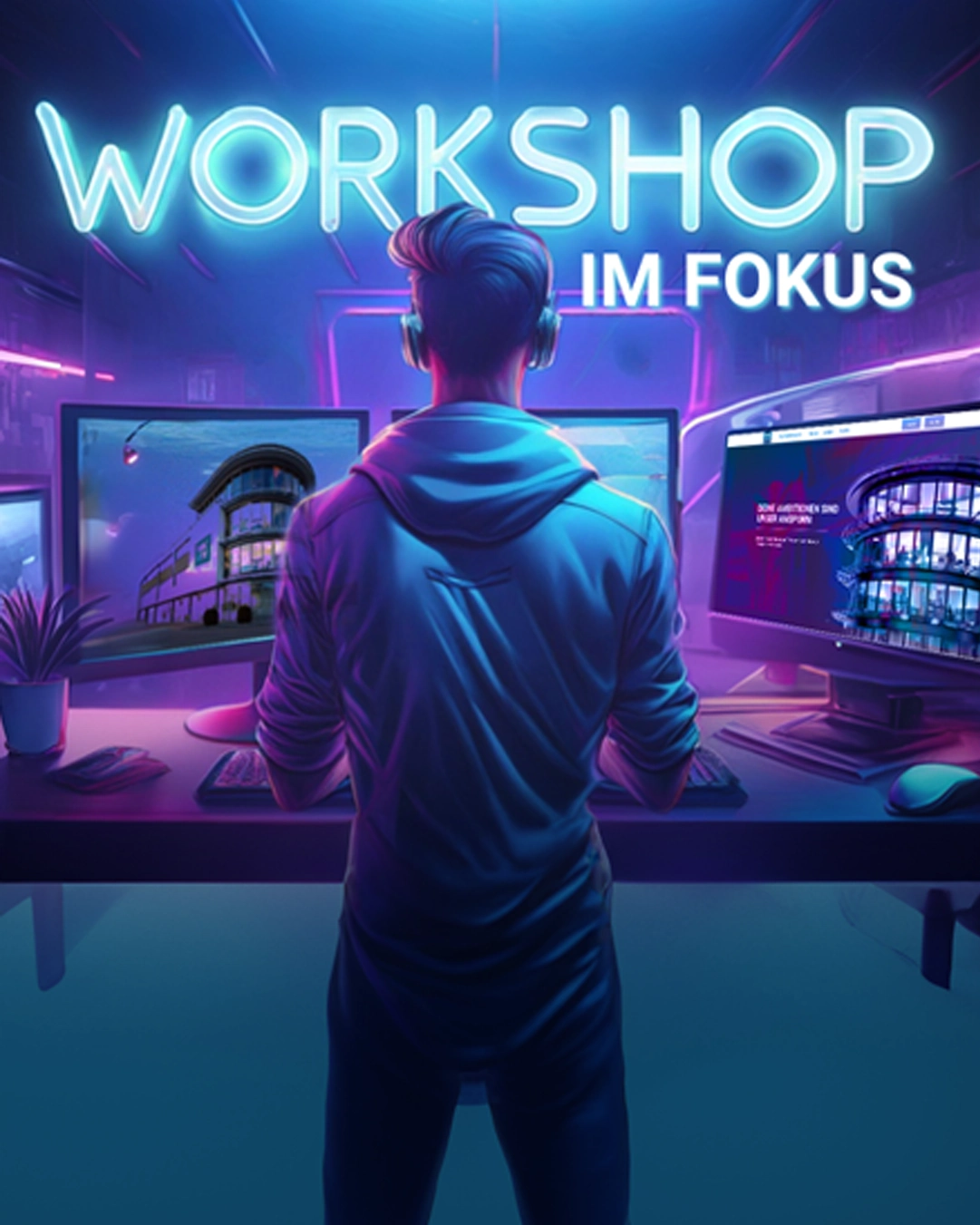 Das Bild zeigt einen Mitarbeiter in einem Büro, das Bild ist in Magenta- und Blautönen gehalten. Es symbolisiert den Workshop Agilität im Unternehmen WK IT.