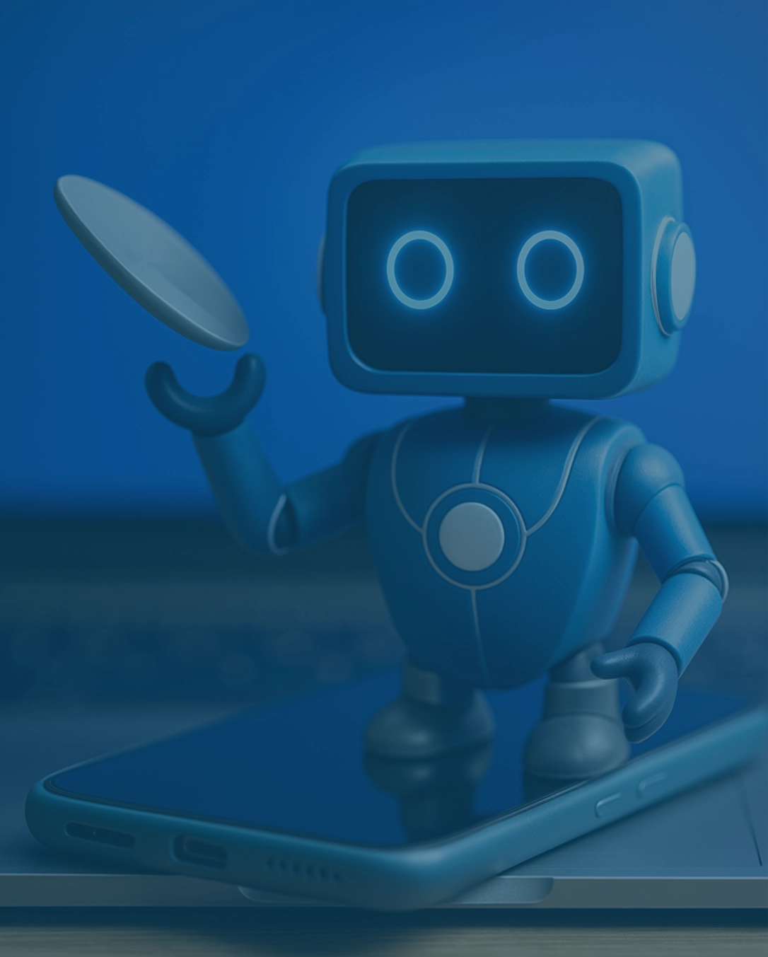 Ein freundlich wirkender, blauer Roboter mit leuchtenden Augen steht auf einem Smartphone, das auf einem modernen Laptop liegt – Symbolbild für KI Wissensmanagement intern bei WK.
