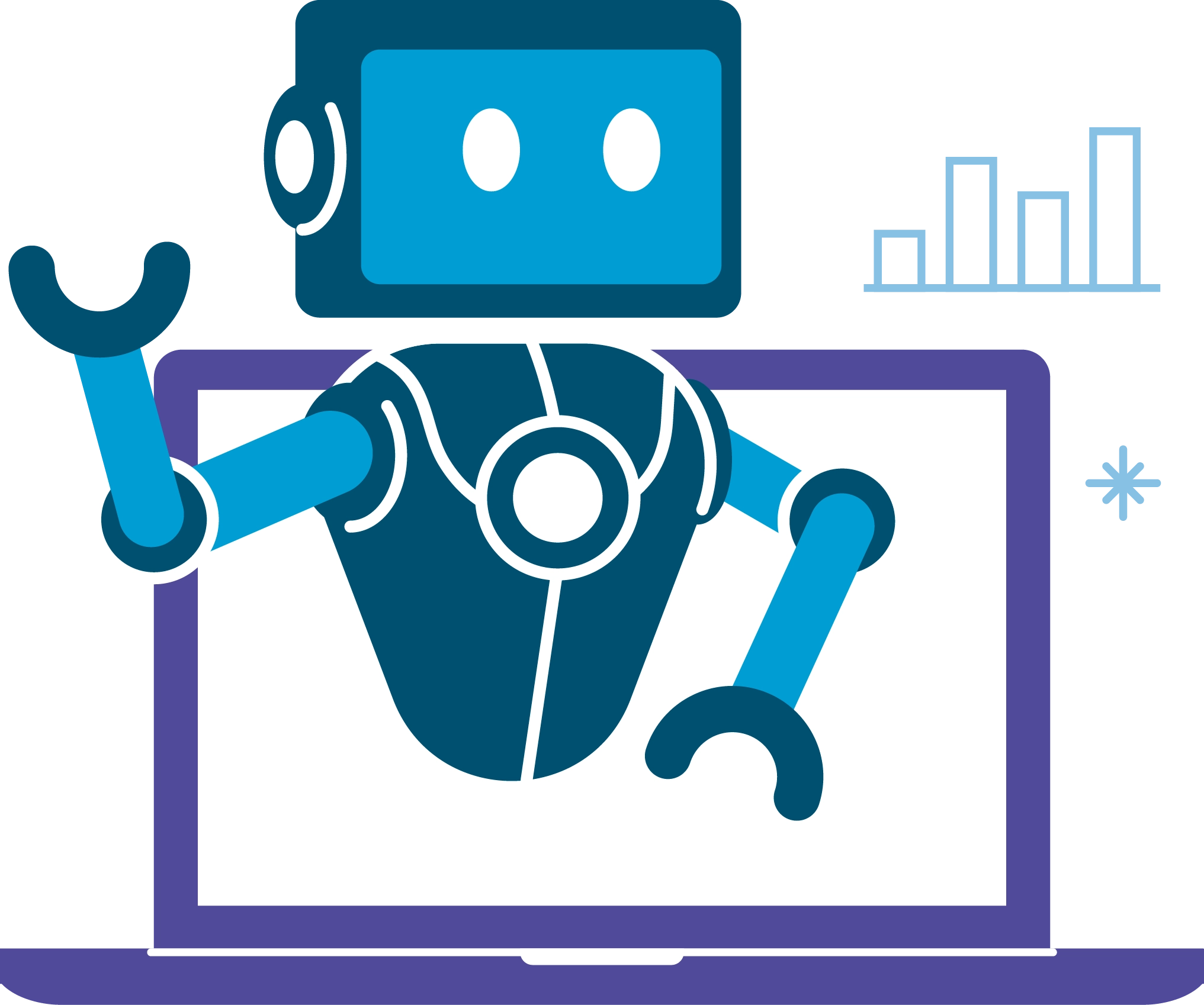 Roboter Byte Buddy in Blau- und Türkistönen erklärt Business Project Services, ragt aus Laptopbildschirm und gestikuliert; rechts blaues Balkendiagramm.