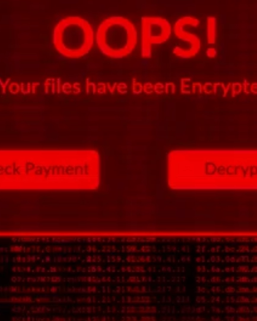 Roter Bildschirm mit Ransomware-Warnung, Hinweis auf Verschlüsselung – Social Engineering Pentesting Beispiel.