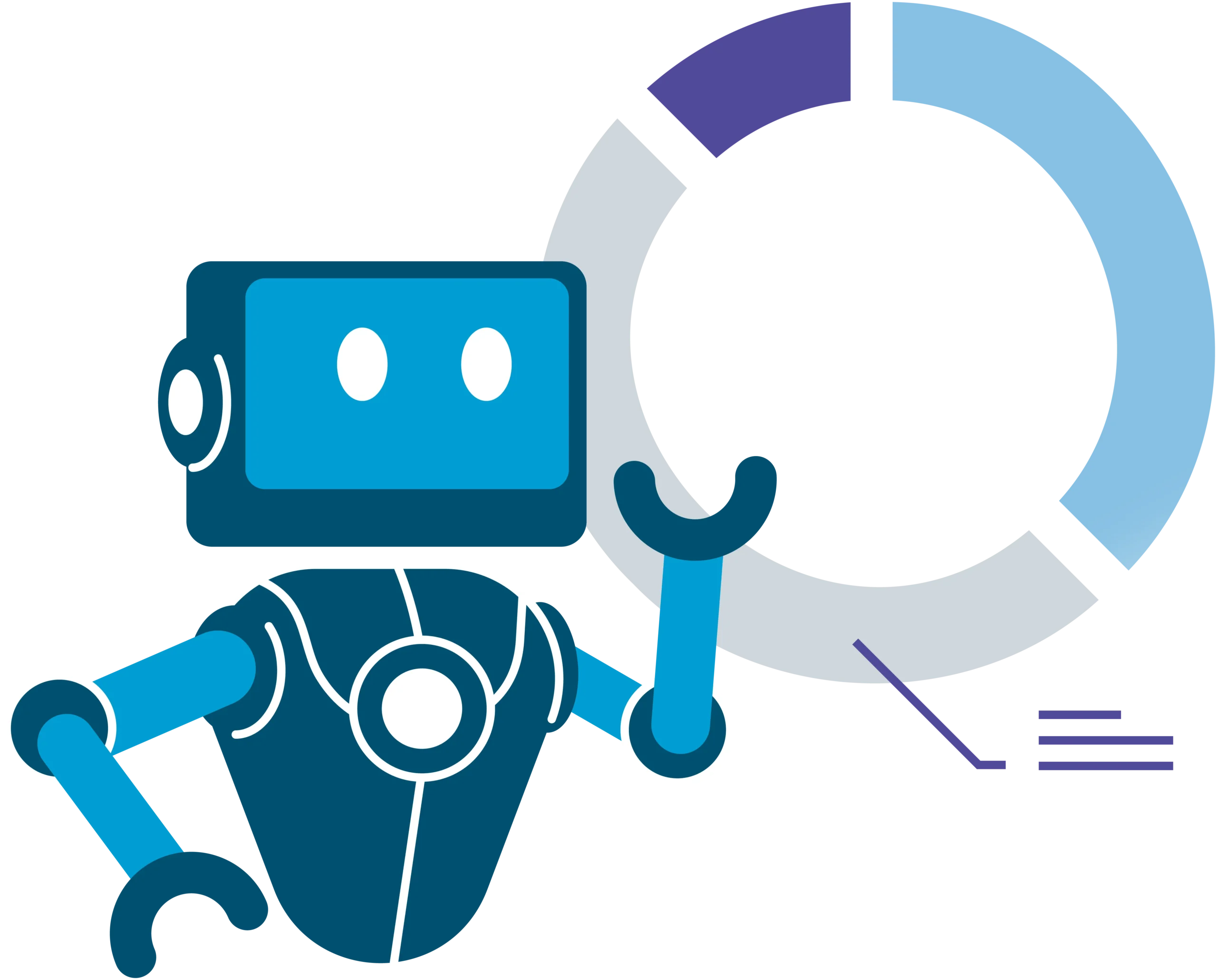 Roboter Byte Buddy in Blau- und Türkistönen erklärt Cyber Security Consulting Services, daneben farbiges Kreisdiagramm.