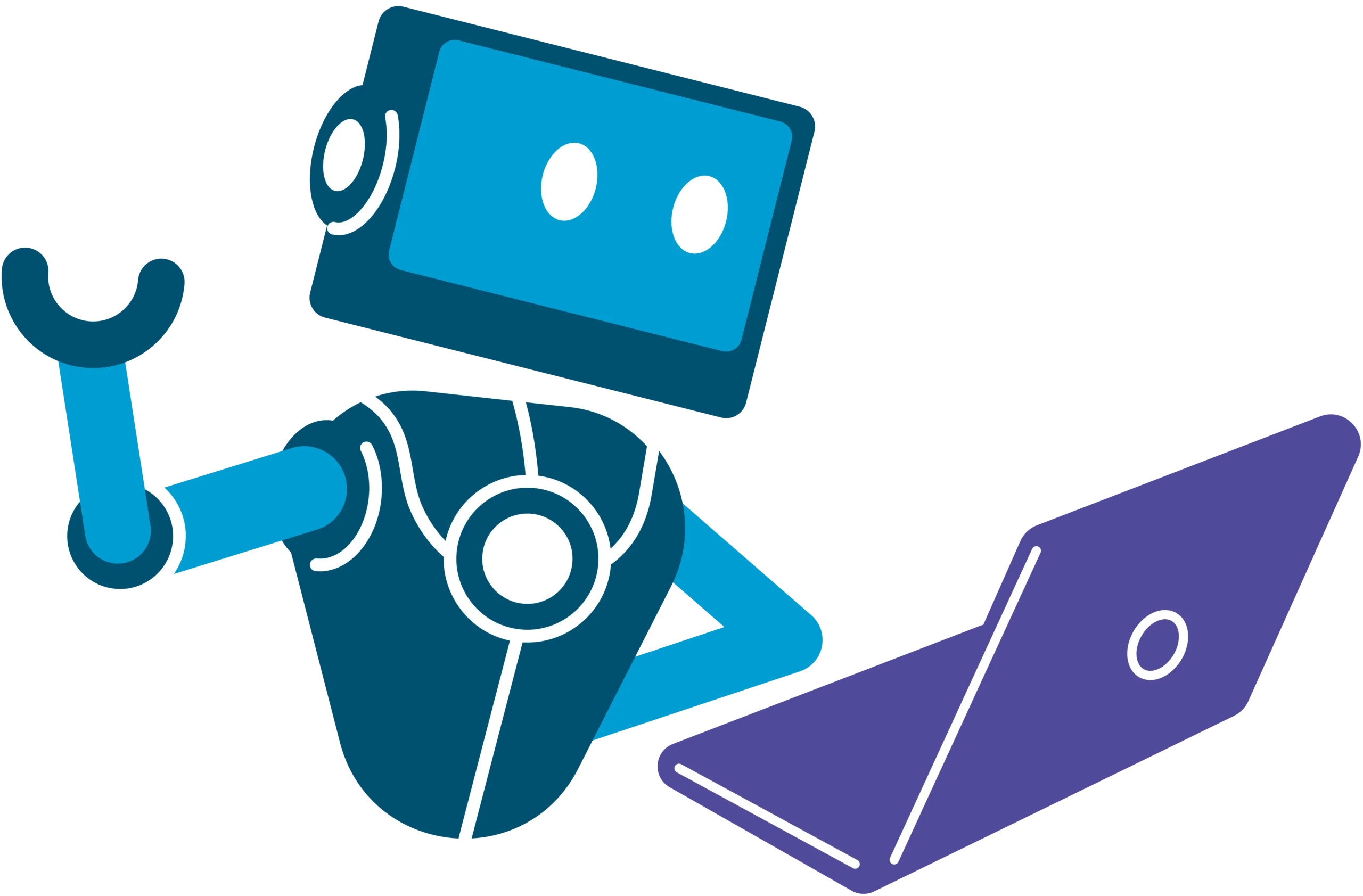 Roboter Byte Buddy in Blau- und Türkistönen erklärt Business Project Services, ragt aus Laptopbildschirm und gestikuliert; rechts blaues Balkendiagramm.